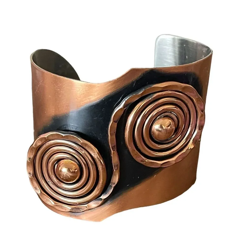 Signed Handmade Renoir 1950s Modernist Scroll Motif Copper Cuff Bracelet Runway